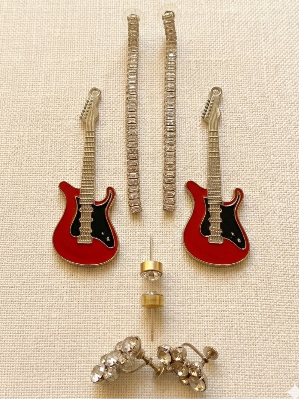 🎸 The Rocker Lot | 4 Pairs Statement Earrings | Guitar, Rhinestone Drop & Studs